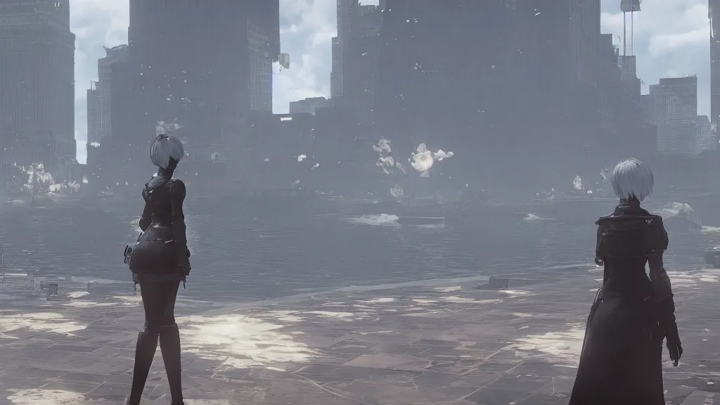 Image similar to Screenshot from Nier Automata, near the Statue of Liberty