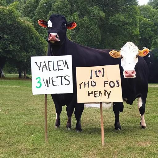 Image similar to 3 cows standing on 2 legs holding signs