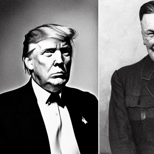 Prompt: world War 2 portrait of a very happy Donald Trump standing next to Adolf Hitler, black and white photography, shot by Annie Leibovitz, 4k, 8k, highly detailed