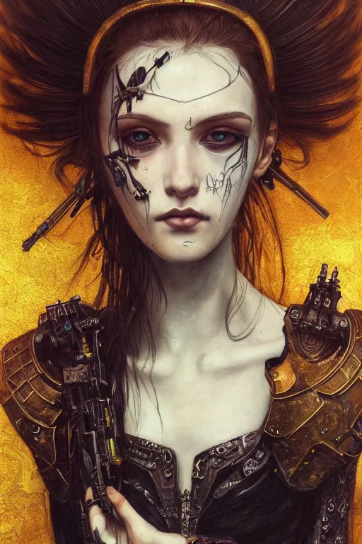 Image similar to portrait of beautiful young gothic maiden, cyberpunk, Warhammer, highly detailed, artstation, illustration, art by Gustav Klimt