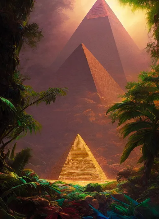 Prompt: egyptian pyramid, dense rain forest, vibrant colors, jesper ejsing, james jean, justin gerard, tomasz alen kopera, cgsociety, fenghua zhong, makoto shinkai, octane render, highly detailed, rim light, art, cinematic lighting, very coherent, hyper realism, high detail, 8 k