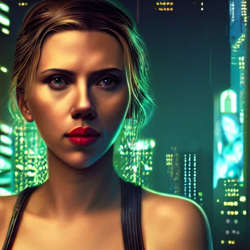 Prompt: ultra realistic and intricate detailed photoshoot of Scarlett Johansson as a cyberpunk woman looking out at city, neon, cyberpunk, technology, innovation, bright modern style, blade runner, artstation, unreal render, depth of field, ambient lighting, award winning, stunning