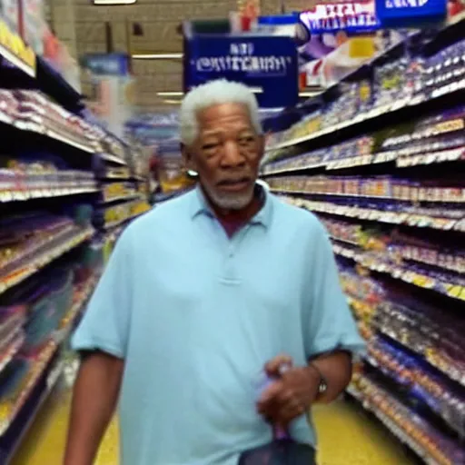 Image similar to a surveillance footage of Morgan Freeman at Walmart