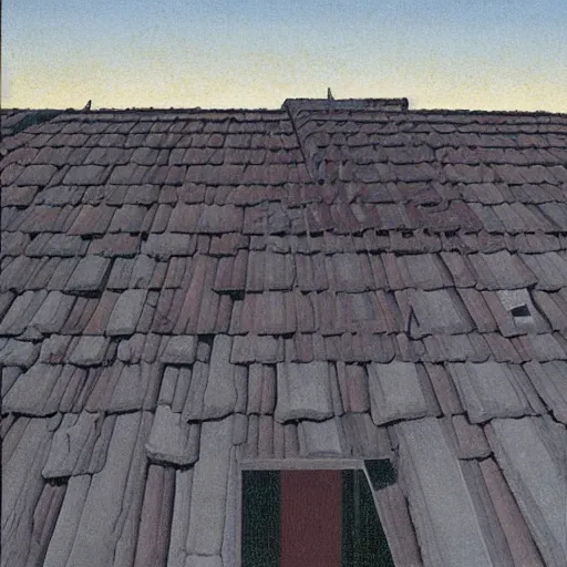 Image similar to painting by peter elson of structures with tile roofs, and peaked wooden roofs, structures blackened to some degree by a patina of soot. structures darkest at the top, where the ash gathered, but rainwaters and evening condensations had carried the stains over ledges and down walls in an uneven gradient.