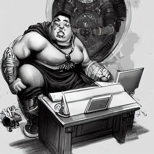 Image similar to a insanely detailed painting of a thick asian man wearing a homemade superhero costumed, sitting at a computer desk typing on the keyboard, in the style of peter mohrbacher, dramatic lighting and composition, trending on artstation, concept art, comic book, graphic novel