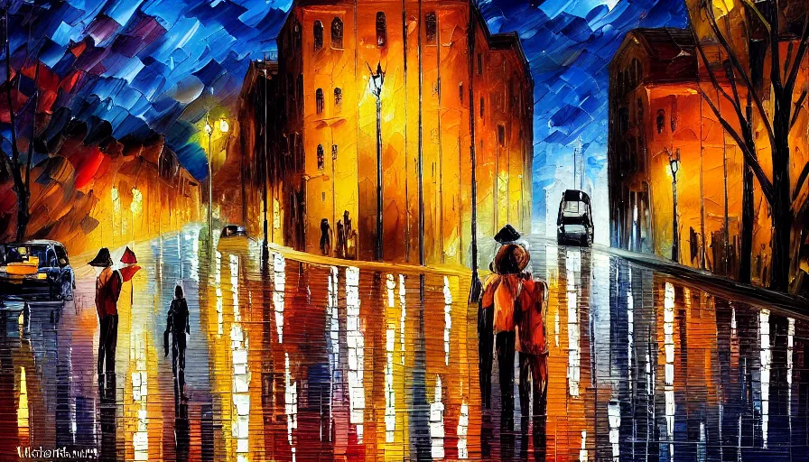 Prompt: painting afremov leonid evening landscape in the city and two people on the road