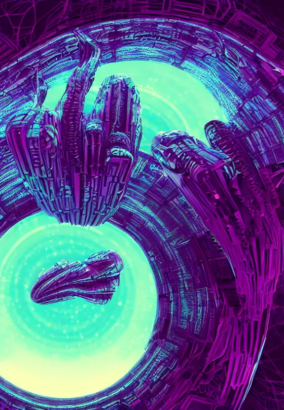 Prompt: a sky view of the most beautiful and massive intrincate chrome alien spaceship emerging from a fractal worm hole, horror, holographic, synthwave color palette, cinematic, volumetric fog, risographic, digital art, 4 k, vintage sci - fi, inspired by moebius, inspired by thimbwhite, inspired by h. r. giger