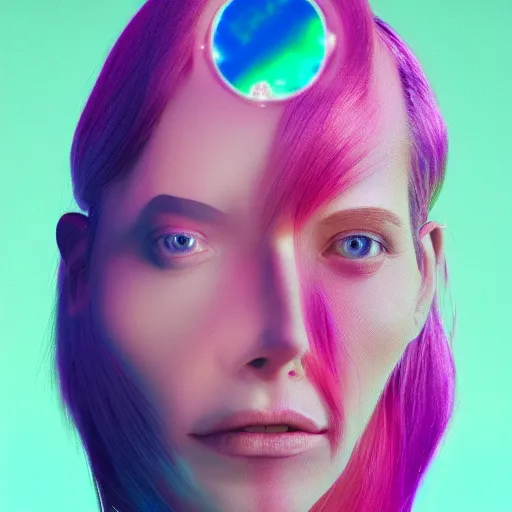 Image similar to a woman with pink hair and a mirror as her face, a hologram by mike winkelmann, cgsociety, neo - dada, futuristic, glitch art, 8 k 3 d