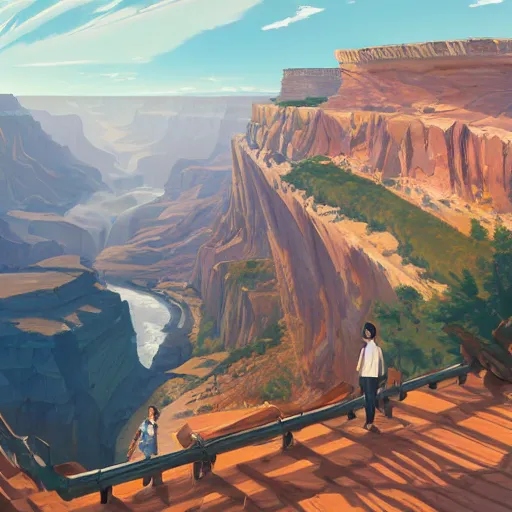 Image similar to concept art painting of a wide grand canyon with ocean inside, giant river, with unfinished bridge under construction, realistic, detailed, cel shaded, in the style of makoto shinkai and greg rutkowski and james gurney