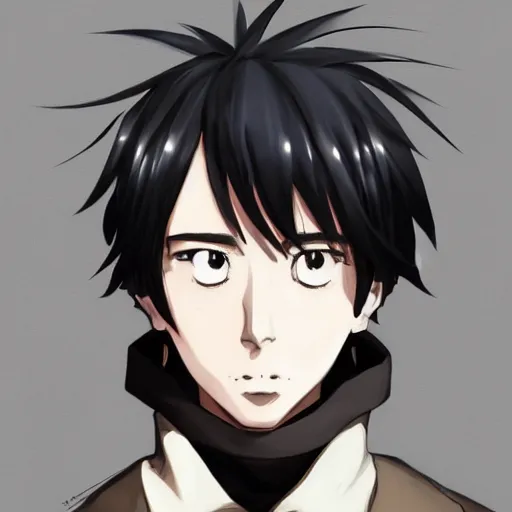 Prompt: anime portrait of a man by shin'ichiro watanabe, he is about 3 0 years old, short black hair with bangs, his features are a mix between french, turkish and russian and he is wearing a beige and black utility jumpsuit, highly detailed portrait, digital painting, artstation, concept art, smooth, sharp foccus ilustration, artstation hq