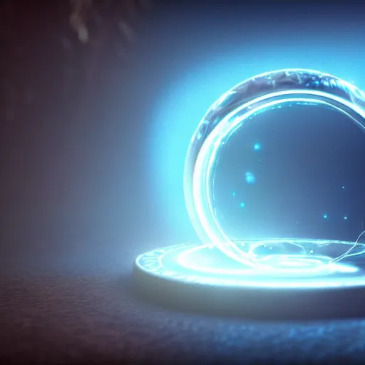 Image similar to a fantasy ring, blue glow, realistic reflections, intricate details, cinematic lighting, depth of field, octane render