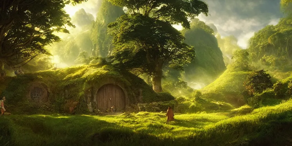 Image similar to lush and beautiful concept art for the shire, lord of the rings, peter jackson, studio ghibli, detailed, realistic lighting, volumetric lighting, golden hour,