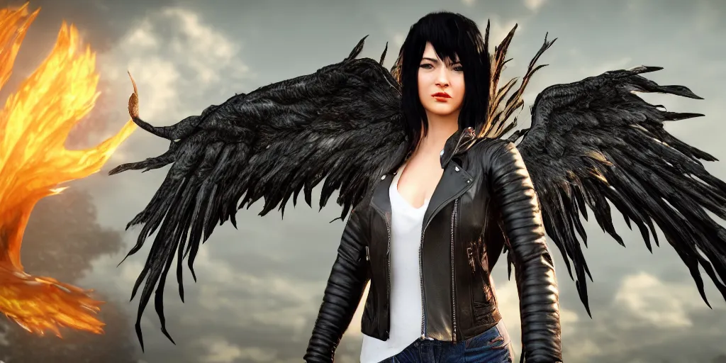 Image similar to a woman with black hair and a leather jacket with phoenix wings, character portrait, unreal engine 5, intricate, detailed, realistic, masterpiece