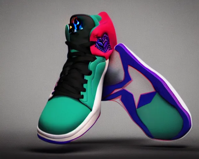 Image similar to 3D render of mid height air jordan sneakers with the joker colors, cinematic, studio lighting, award winning, highly detailed, 4k, hd, sharp