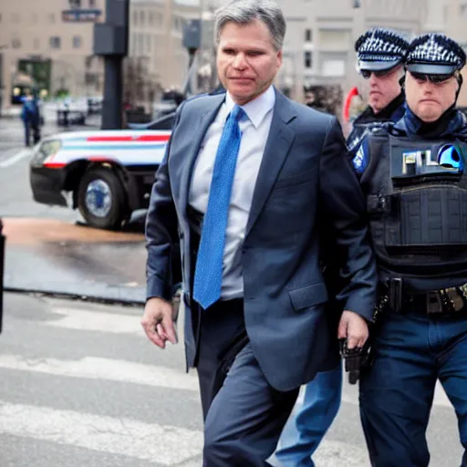 Image similar to fbi director Christopher wray getting arrested by police agents, photo 85mm, f/1.3