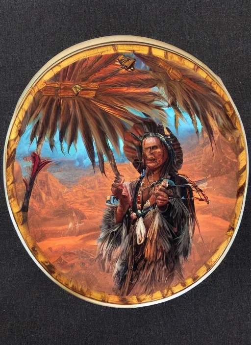 Image similar to indigenous highly decorated round drum, fantasy art, matte painting