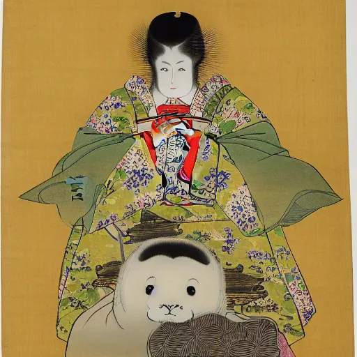 Prompt: an anthropomorphic baby harp seal deity, radiating golden light, wearing royal kimono, Japanese ink drawing from 1850