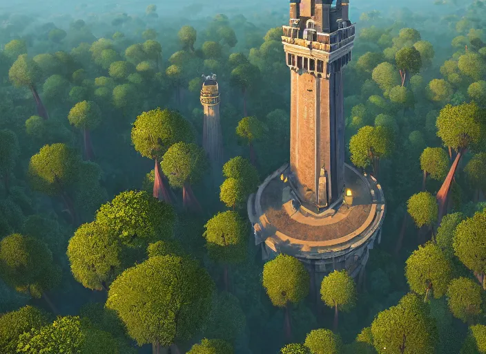 Prompt: overhead view of the great tower of the south in the magical forest of saporra, medium shot, studio ghibli, pixar and disney animation, sharp, rendered in unreal engine 5, anime key art by greg rutkowski, bloom, dramatic lighting