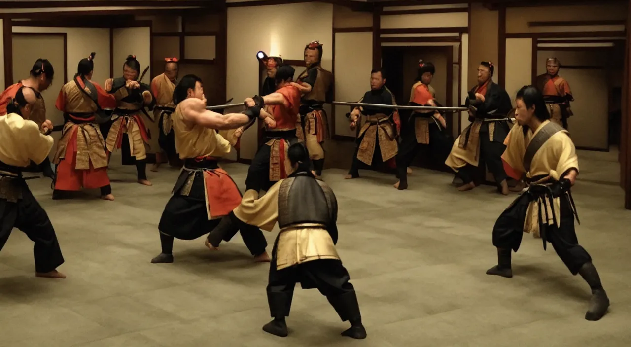 Image similar to samurai fighting in the backrooms