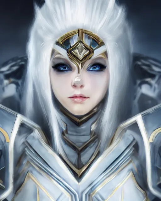 Prompt: perfect white haired attractive egyptian goddess, warframe armor, beautiful, symmetric, dreamy, half asian, pretty face, blue eyes, detailed, scifi platform, laboratory, experiment, 4 k, ultra realistic, epic lighting, android body, illuminated, cinematic, masterpiece, art by akihito tsukushi, voidstar