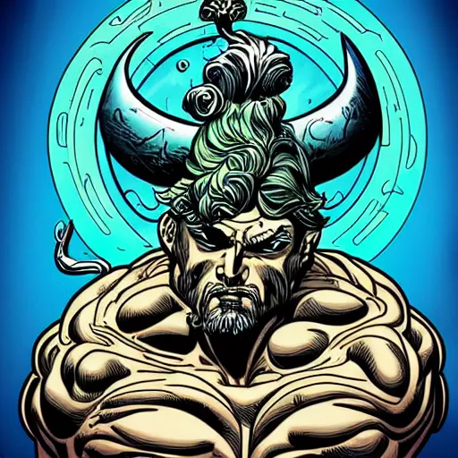 Image similar to the god poseidon, comic illustration, digital art, concept art, by butcher billy