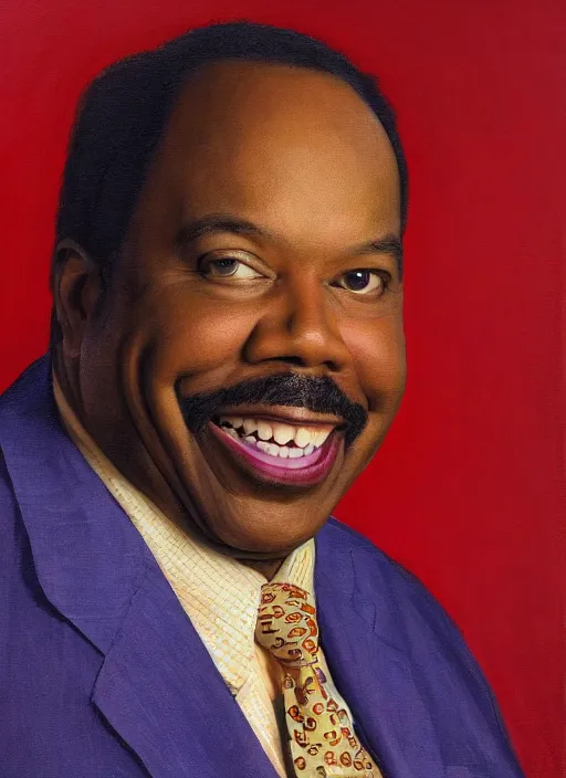 Image similar to ( ( ( portrait of leslie david baker as stanley hudson of the office television series ) ) ) a painting by igor kazarin, head to waist, light coming from the right side, red background,