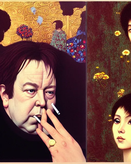 Prompt: portrait of bill hicks smoking, art by ( ( ( kuvshinov ilya ) ) ) and wayne barlowe and gustav klimt and artgerm and wlop and william - adolphe bouguereau