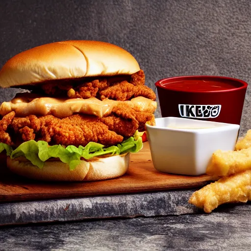 Image similar to a kfc chicken sandwich slathered in sauce, 4 k product photo