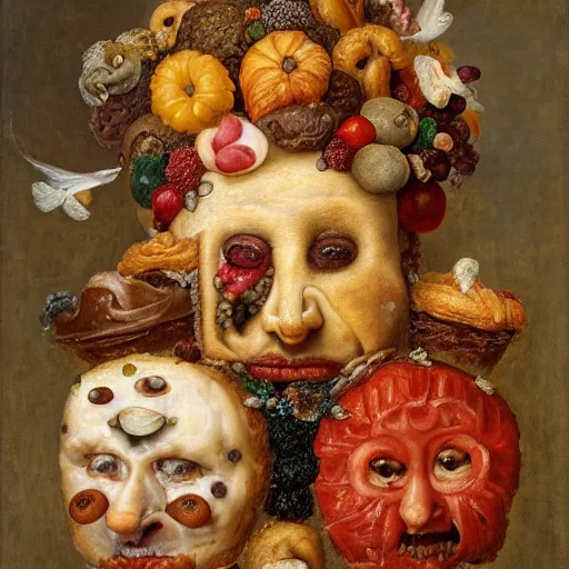 Image similar to a head made out of pastries and cakes by giuseppe arcimboldo, oil on canvas