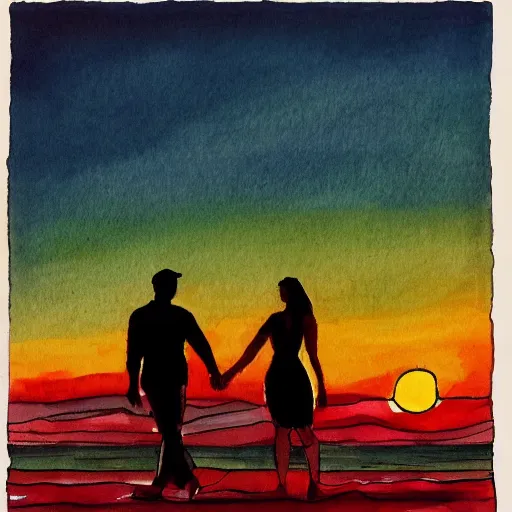 Image similar to man and woman holding hands walking along the shore of the beach, sunset, ink and brush