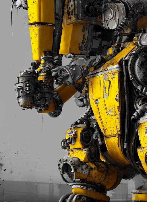 Image similar to a photorealistic dramatic hyperrealistic render of a futuristic exosuit power excavator heavy machinery, ultra realistic details, glossy yellow, well worn, rust, oil stains by vitaly bulgarov and mike nash, beautiful dramatic dark moody tones and lighting, cinematic atmosphere, studio lighting, global illumination, shadows, dark background, octane render, 8 k