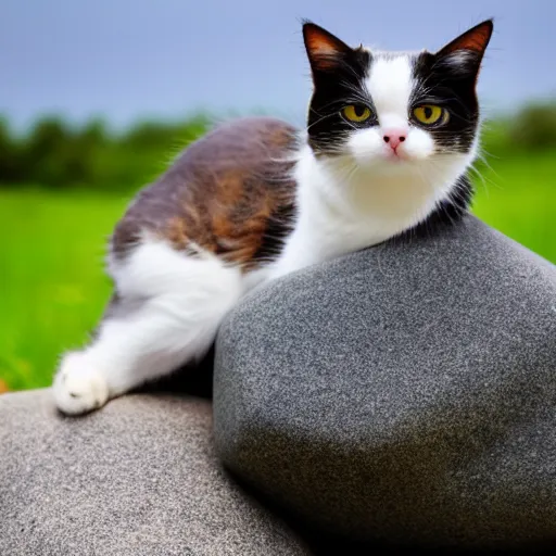 Prompt: cute cat with a dog body purring in front of a large rock, 8 k