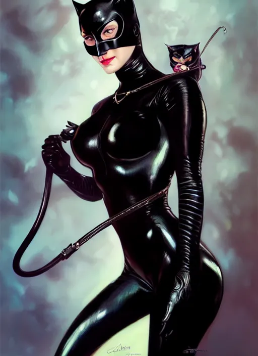Image similar to Portrait of Catwoman, D&D, latex, fantasy, intricate, elegant, highly detailed, digital painting, artstation, concept art, smooth, sharp focus, illustration, art by artgerm and greg rutkowski and alphonse mucha