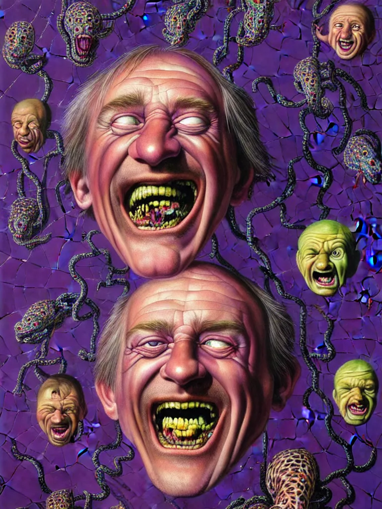 Prompt: hyper realistic painting, head of braco the gazer floating and laughing maniacally, surrounded by a cobweb of dark purple snakes, by chuck close, lisa frank, simon bisley, and richard corben, very intense, depth of field, depth perception, hyperdetailed, rich deep vivid colours, sharp focus, dramatic lighting