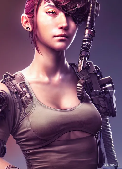 Image similar to the portrait of lawful neutral female cyberpunk marine sniper as absurdly beautiful, gorgeous, elegant, young gravure idol, an ultrafine hyperdetailed illustration by kim jung gi, irakli nadar, intricate linework, bright colors, octopath traveler, final fantasy, unreal engine 5 highly rendered, global illumination, radiant light, detailed and intricate environment