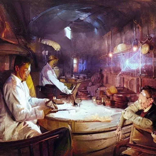 Image similar to chemists in white coats are eating a giant roll, finnian macmanus