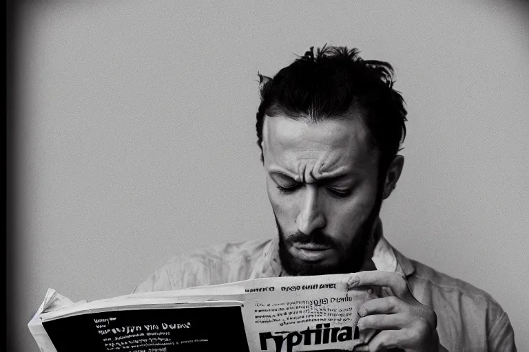 Prompt: realistic exposed expired fuji film portrait of a man being shocked when reading a magazine, hyperrealism, hypermaximalism, photorealistic, detailed, atmospheric, 8 k, award winning photography, cinematic