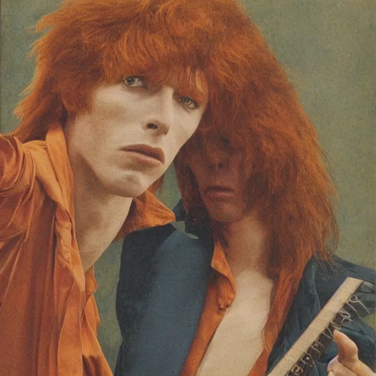 Image similar to Pre-Raphaelite portrait of 1970s David Bowie, ziggy stardust playing flying V guitar, single lighning strike in background. Flash Gorden