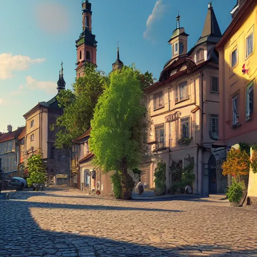 Prompt: a beautiful hyper realistic photo of banska stiavnica in summer, cobblestone pavement, with old houses and few trees in sunset, sky, v - ray, octane render, unreal engine, by greg rutkowski and james gurney, artstation