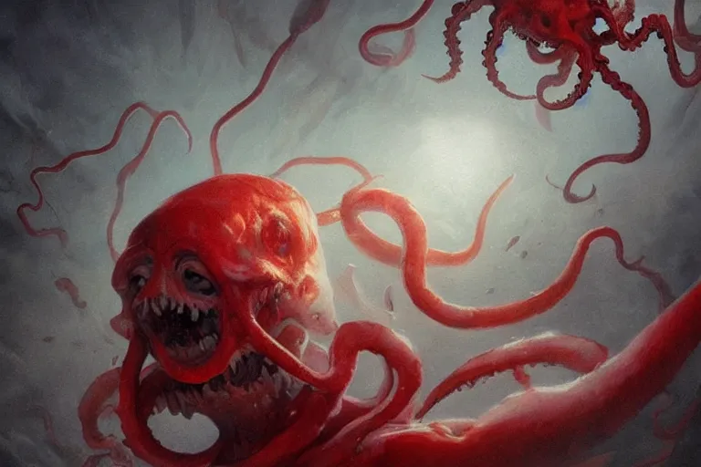 Image similar to painting by greg rutkowski of a flying crying human head and face that is chalk white in color, with tentacles coming of the neck, fiery red eyes, flying in a terrying hell like cavernous place