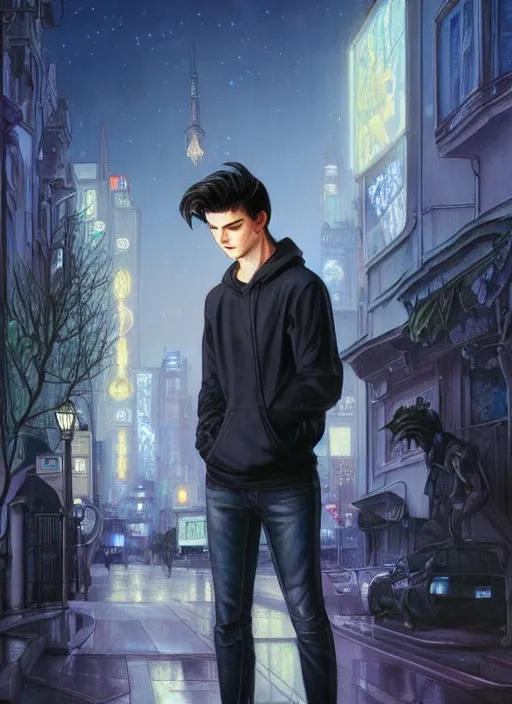 Image similar to handsome young man with short black hair, glowing light blue eyes, pale skin, wearing jeans and a black hoodie, detailed night time cityscape background, realistic painting by ross tran and gerald brom and alphonse mucha, ilya kuvshinov, svetlana tigai, artgerm, trending on artstation