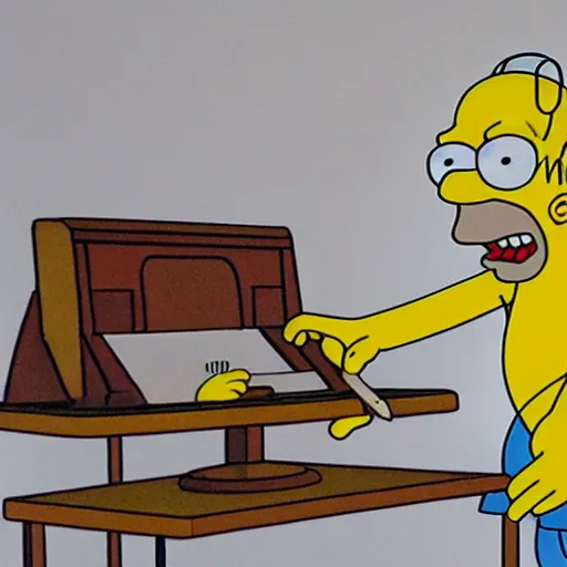 Image similar to homer simpson is standing over a desk and leaning down to draw the simpsons on a large white paper, concept art