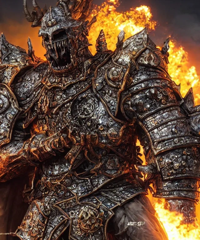 Image similar to hyperrealistic rendering, epic dark souls boss, ornate supreme demon overlord, jewel crown, war armor battle, by art of skinner and richard corben, product photography, collectible action figure, sofubi, hottoys, storm clouds, outside, lightning