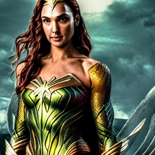 Image similar to an potrait of gal gadot cast as Mera from Aquaman, photorealistic, high detail, full body shot.