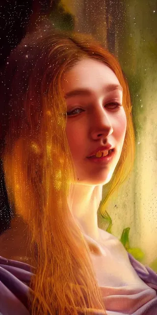 Prompt: young woman, smiling amazed, surrounded by firefly lights, full covering intricate detailed dress, amidst nature, long red hair, precise linework, accurate green eyes, small nose with freckles, beautiful smooth oval shape face, empathic, expressive emotions, dramatic lights, hyper realistic ultrafine art by artemisia gentileschi, jessica rossier, boris vallejo