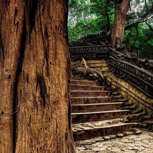 Prompt: a tree formed as a temple, wooden stairs, photo taken by nikon, realistic, sharp focus, highly detailed, 4 k