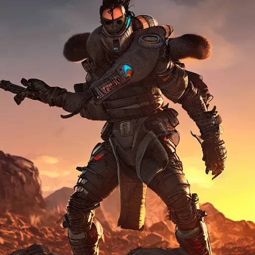 Image similar to wraith from apex legends standing in a battlefield, golden hour, sharp, trending on artstation, digital art