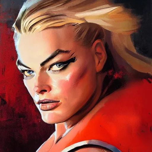 Image similar to greg manchess portrait of margot robbie as thick female bodybuilder lara croft wearing red armour, epic grimdark, fantasy, medium shot, asymmetrical, profile picture, organic painting, sunny day, matte painting, bold shapes, hard edges, street art, trending on artstation, by huang guangjian and gil elvgren and sachin teng