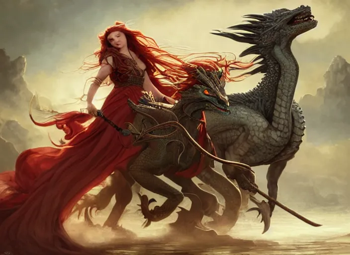 Prompt: A gorgeous Norse Goddess with long flowing red hair in her chariot being pulled by a dragon, fantasy, intricate, elegant, highly detailed, D&D, digital painting, artstation, concept art, matte painting, sharp focus, illustration, in the style of Greg Rutkowski and Alphonse Mucha and artemisia gentileschi