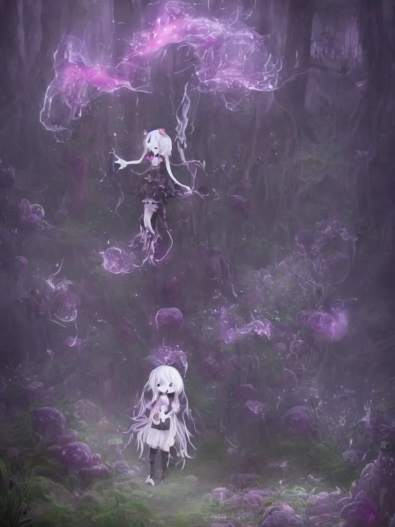 Prompt: cute fumo plush of a gothic maiden girl, inverse color, overdose, overgrown mystical mushroom forest temple, mysterious ritual, wisps of volumetric vortices of glowing smoke, long dark tattered umbra, vignette, vray